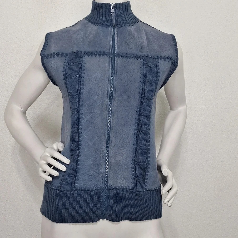 Planet & Company Blue Coastal Genuine Suede Leather & Knit Gorpcore Vest Size L